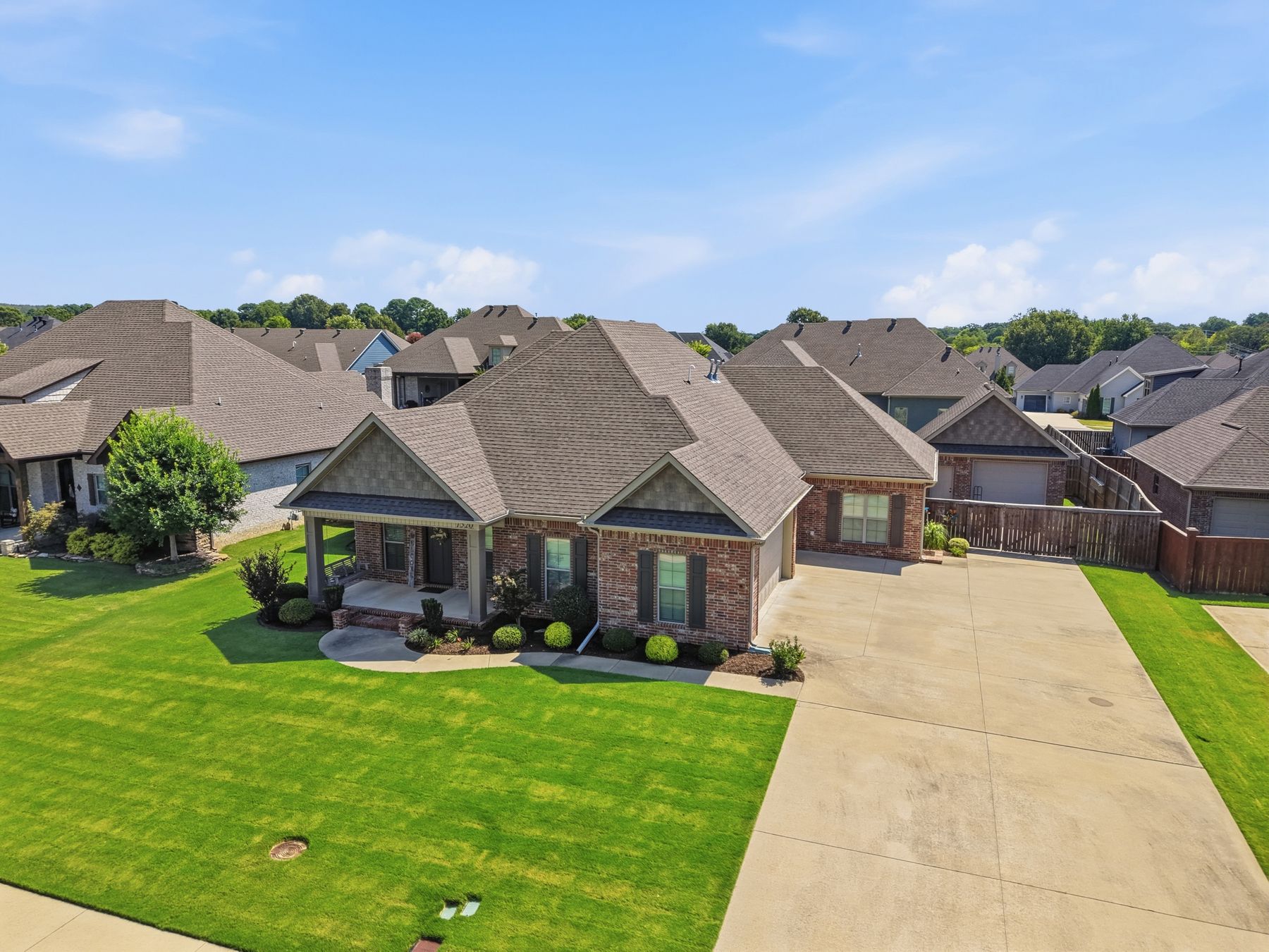 Aerial of a brick home on Briley Drive, Conway, Arkansas